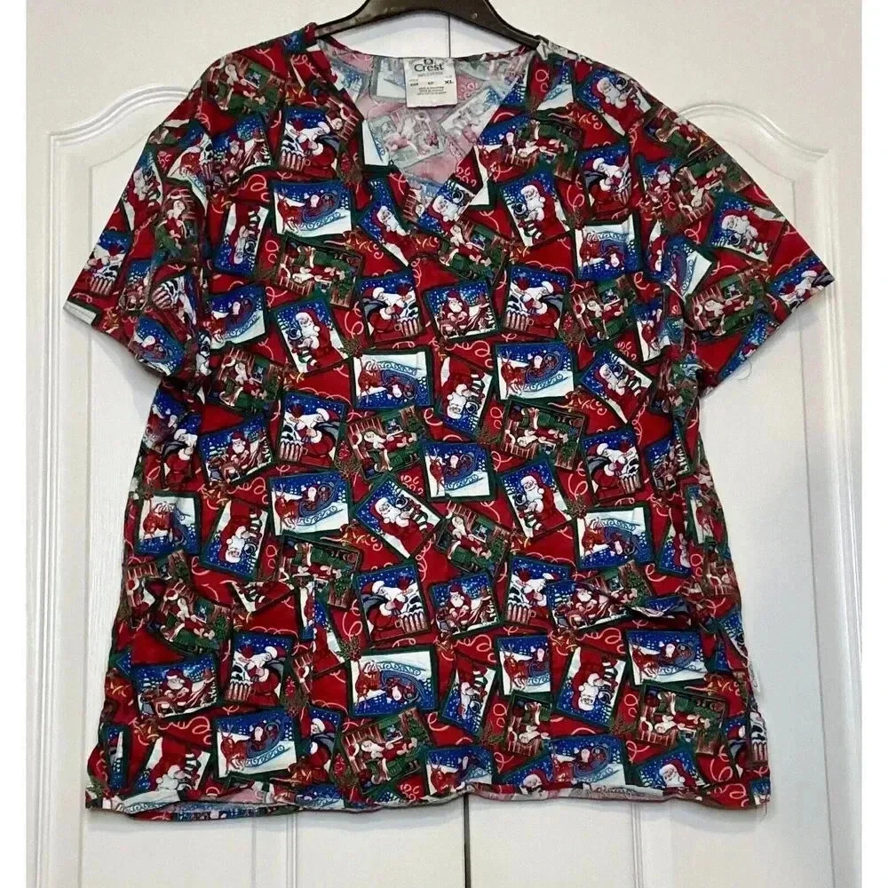 Crest Cottons Christmas Santa Reindeer Short Sleeve Scrub‎ Top Women's XL